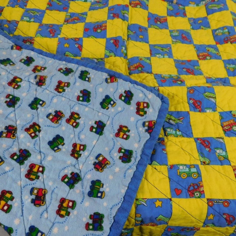 Quilt Baby Crib Blanket Trains Cars Airplanes Trucks Blue Yellow 36" x 30" FLAW